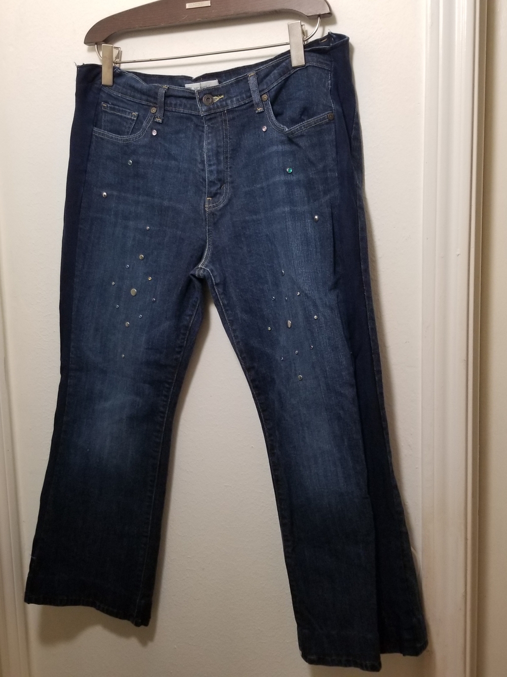 Vintage Levi's Size 14 Modified Dark Blue Bootcut Jeans with Rhinestone Accents